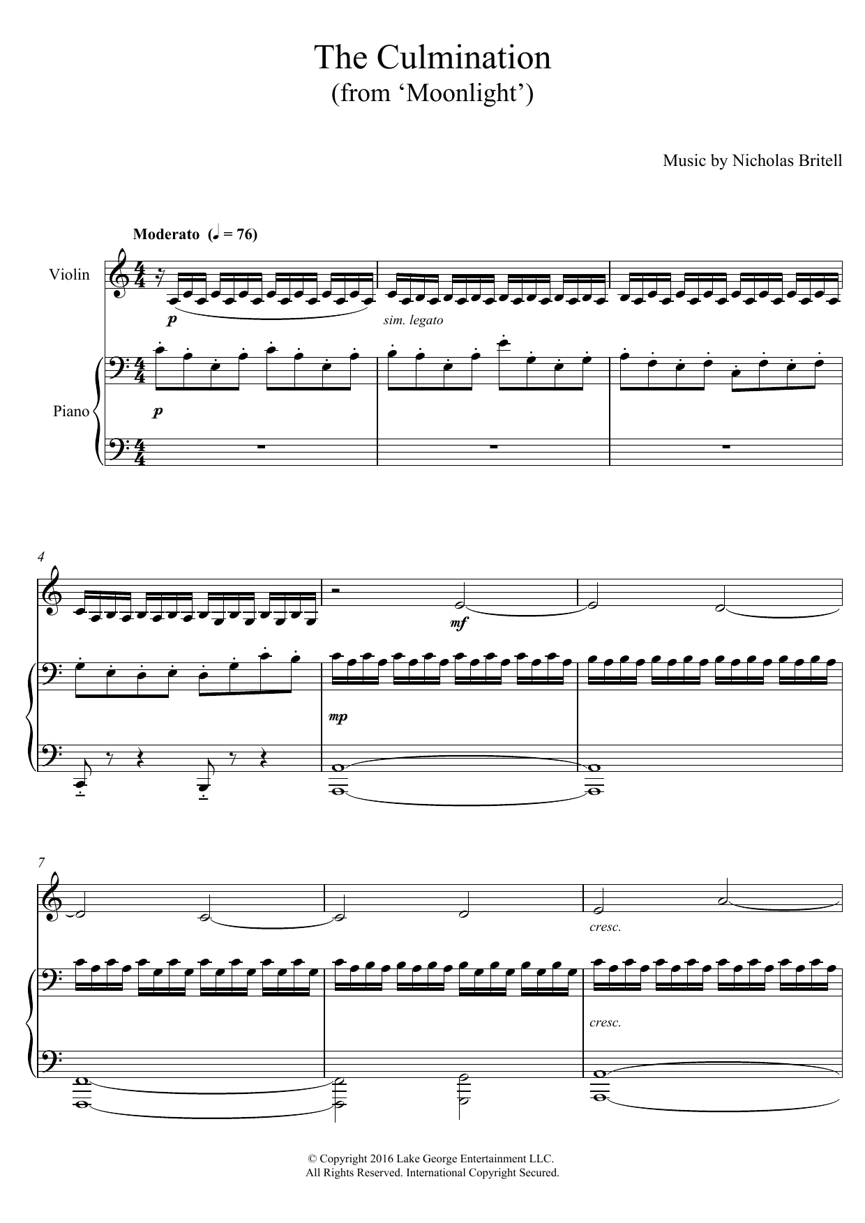 Download Nicholas Britell The Culmination (from 'Moonlight') Sheet Music and learn how to play Violin with Piano Accompaniment PDF digital score in minutes