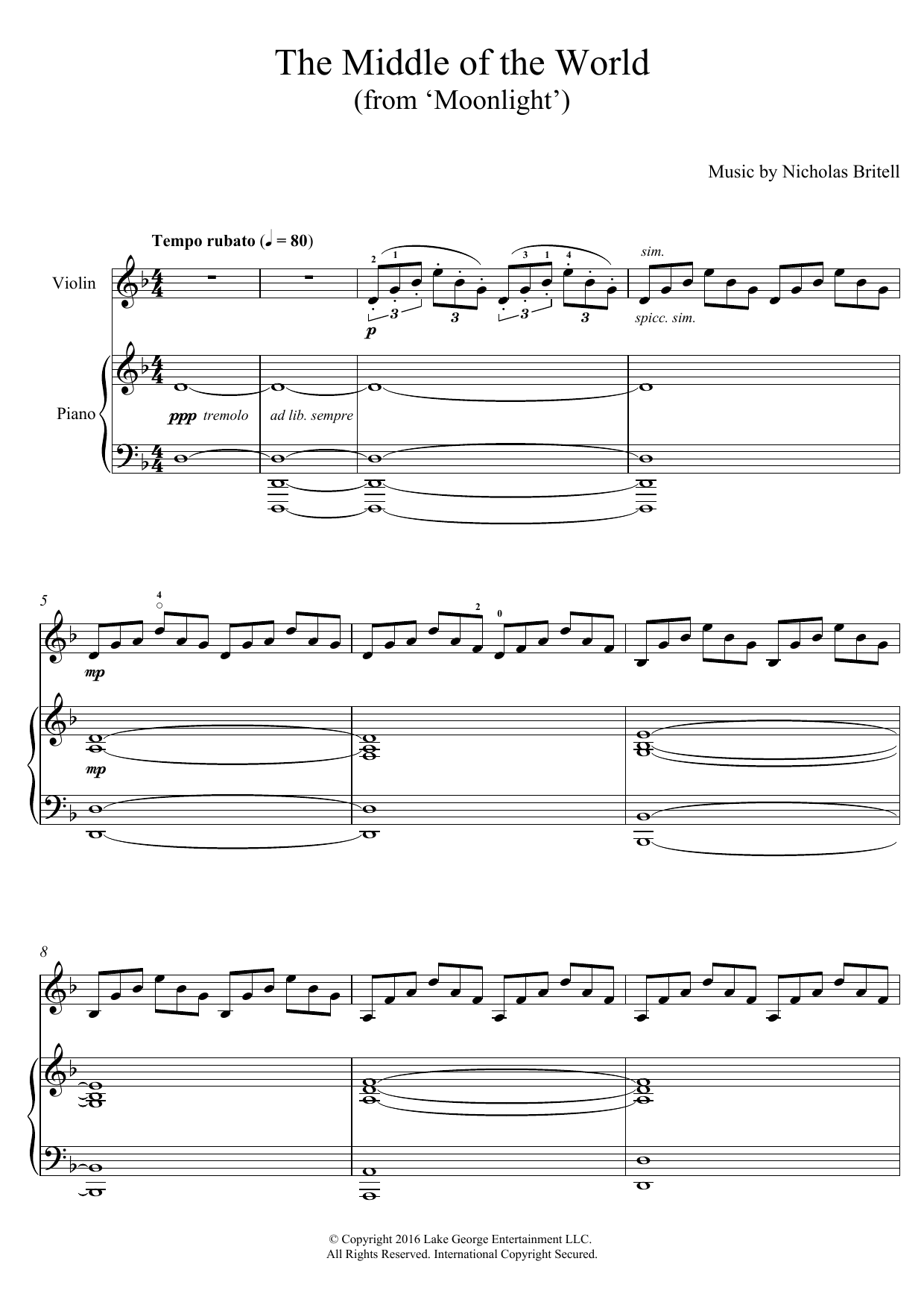 Download Nicholas Britell The Middle Of The World (from 'Moonlight') Sheet Music and learn how to play Violin with Piano Accompaniment PDF digital score in minutes
