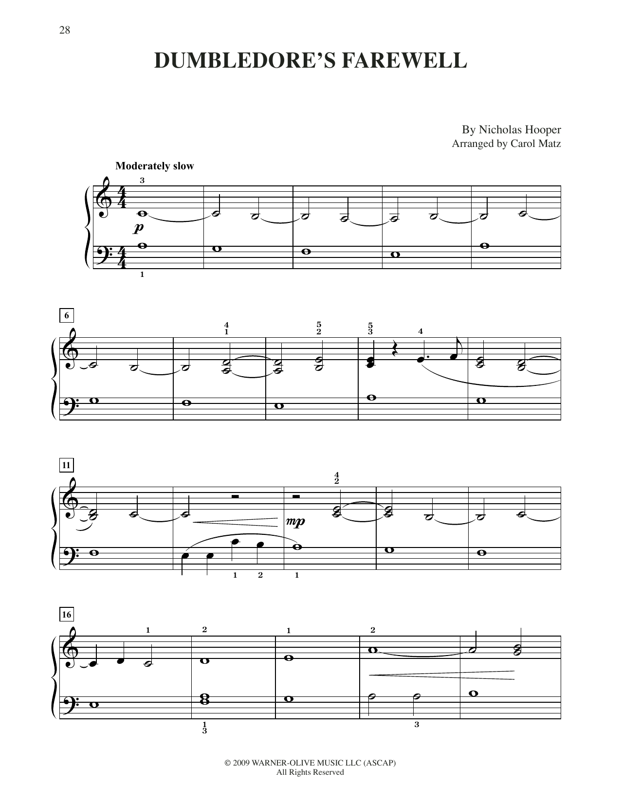 Download Nicholas Hooper Dumbledore's Farewell (from Harry Potter) (arr. Carol Matz) Sheet Music and learn how to play Big Note Piano PDF digital score in minutes