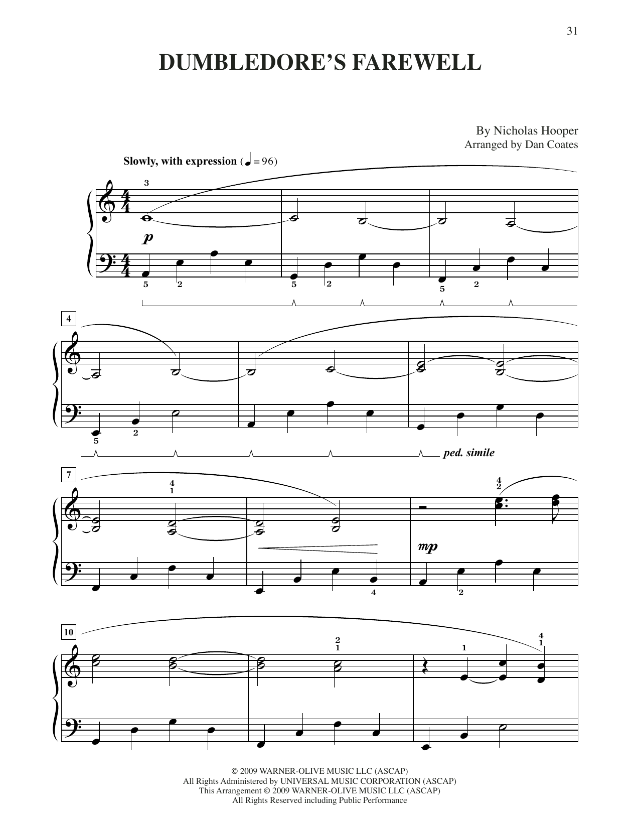 Download Nicholas Hooper Dumbledore's Farewell (from Harry Potter) (arr. Dan Coates) Sheet Music and learn how to play Easy Piano PDF digital score in minutes