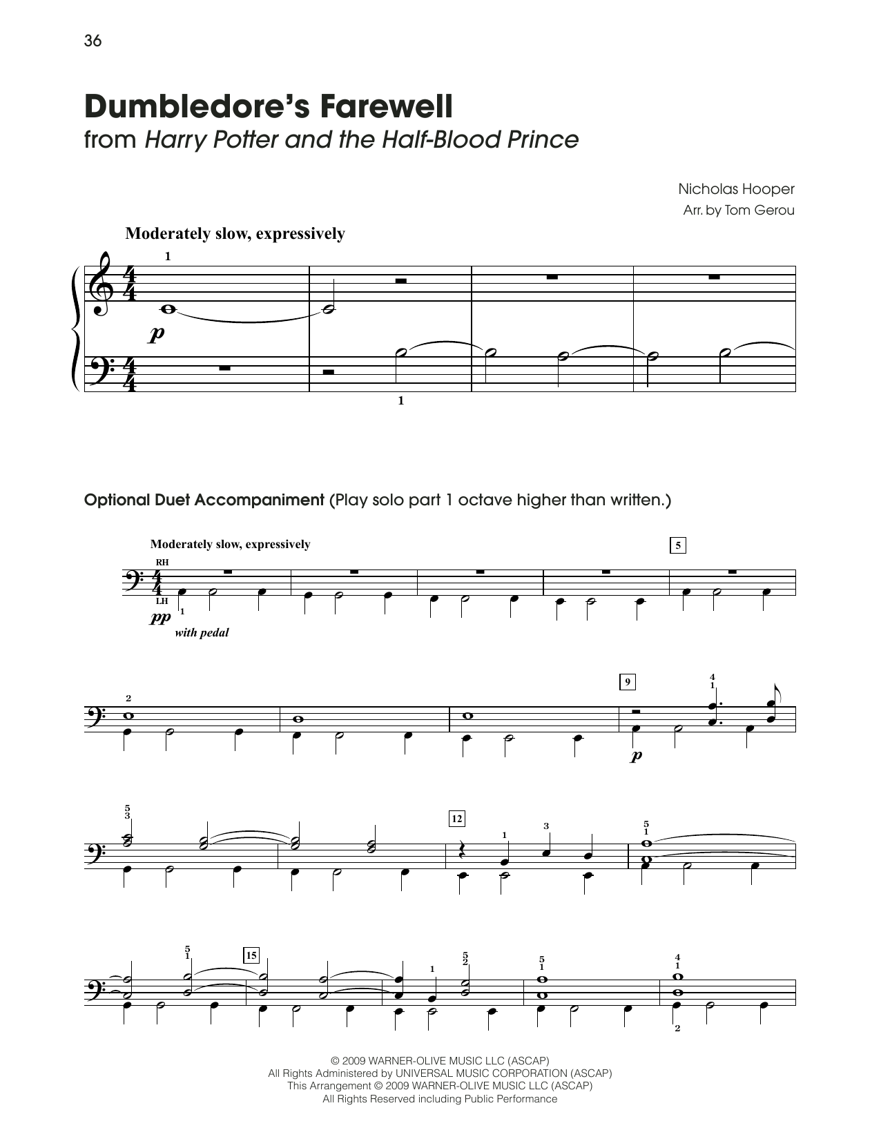 Download Nicholas Hooper Dumbledore's Farewell (from Harry Potter) (arr. Tom Gerou) Sheet Music and learn how to play 5-Finger Piano PDF digital score in minutes