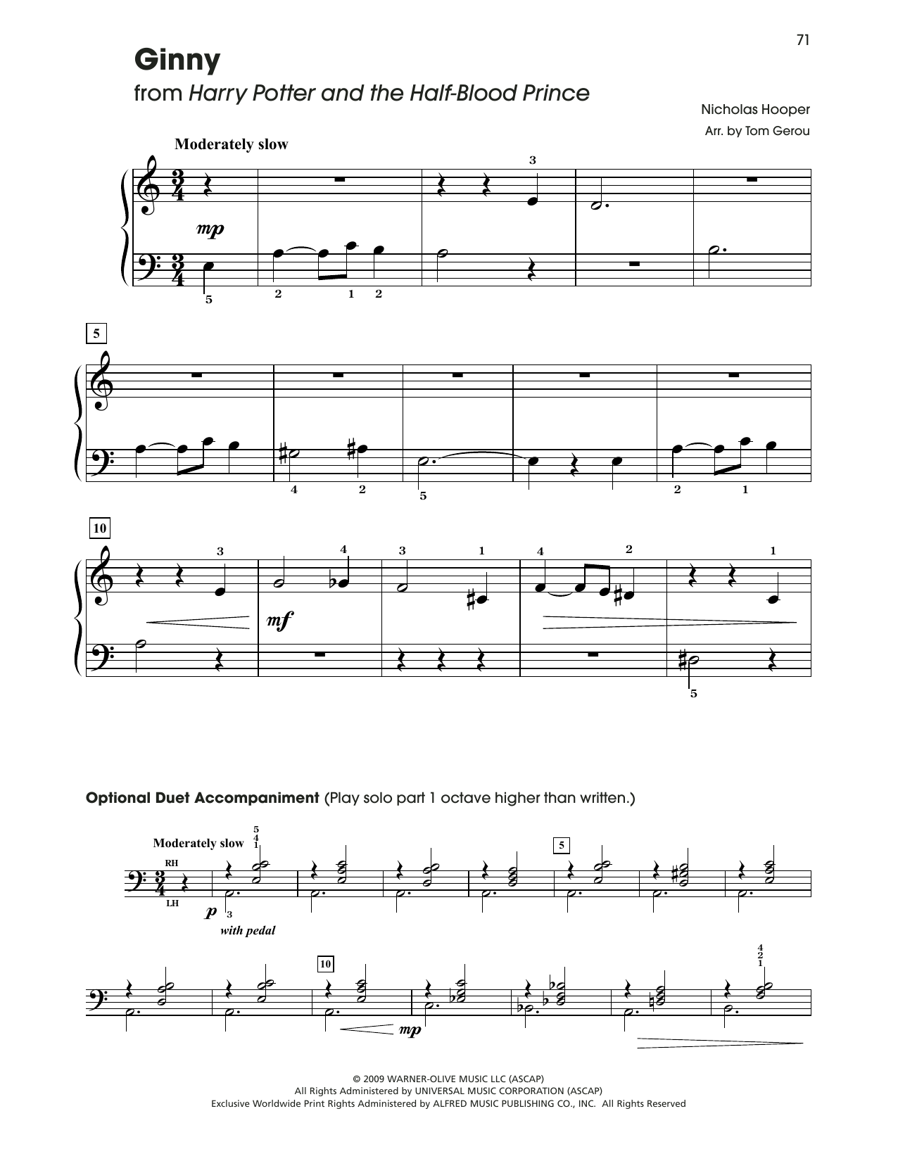 Download Nicholas Hooper Ginny (from Harry Potter) (arr. Tom Gerou) Sheet Music and learn how to play 5-Finger Piano PDF digital score in minutes