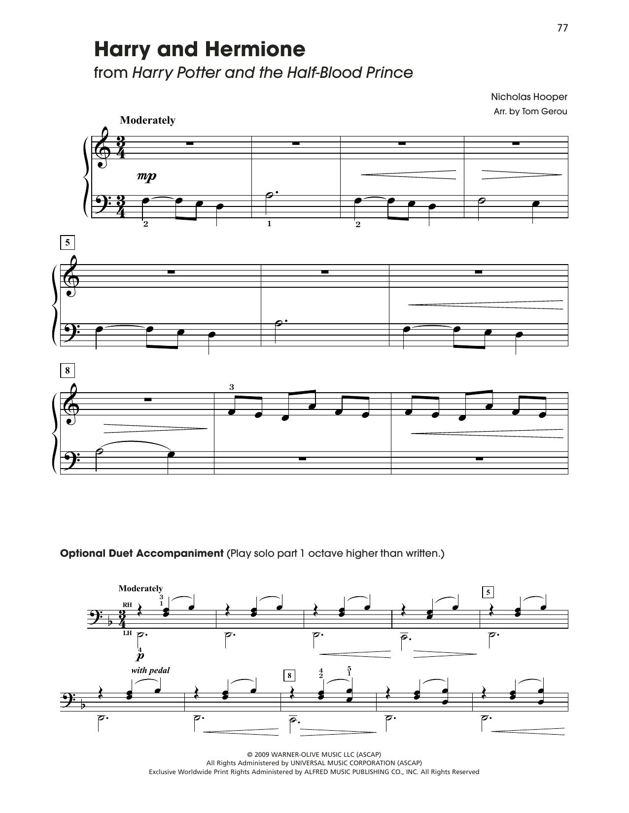 Download Nicholas Hooper Harry & Hermione (from Harry Potter) (arr. Tom Gerou) Sheet Music and learn how to play 5-Finger Piano PDF digital score in minutes