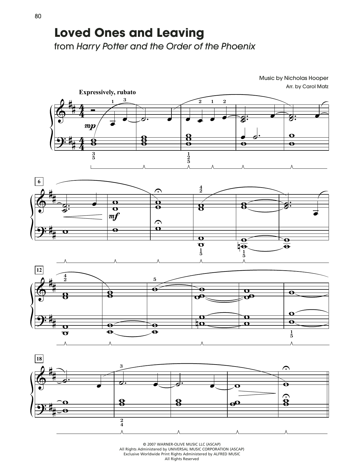Download Nicholas Hooper Loved Ones And Leaving (from Harry Potter) (arr. Carol Matz) Sheet Music and learn how to play Big Note Piano PDF digital score in minutes