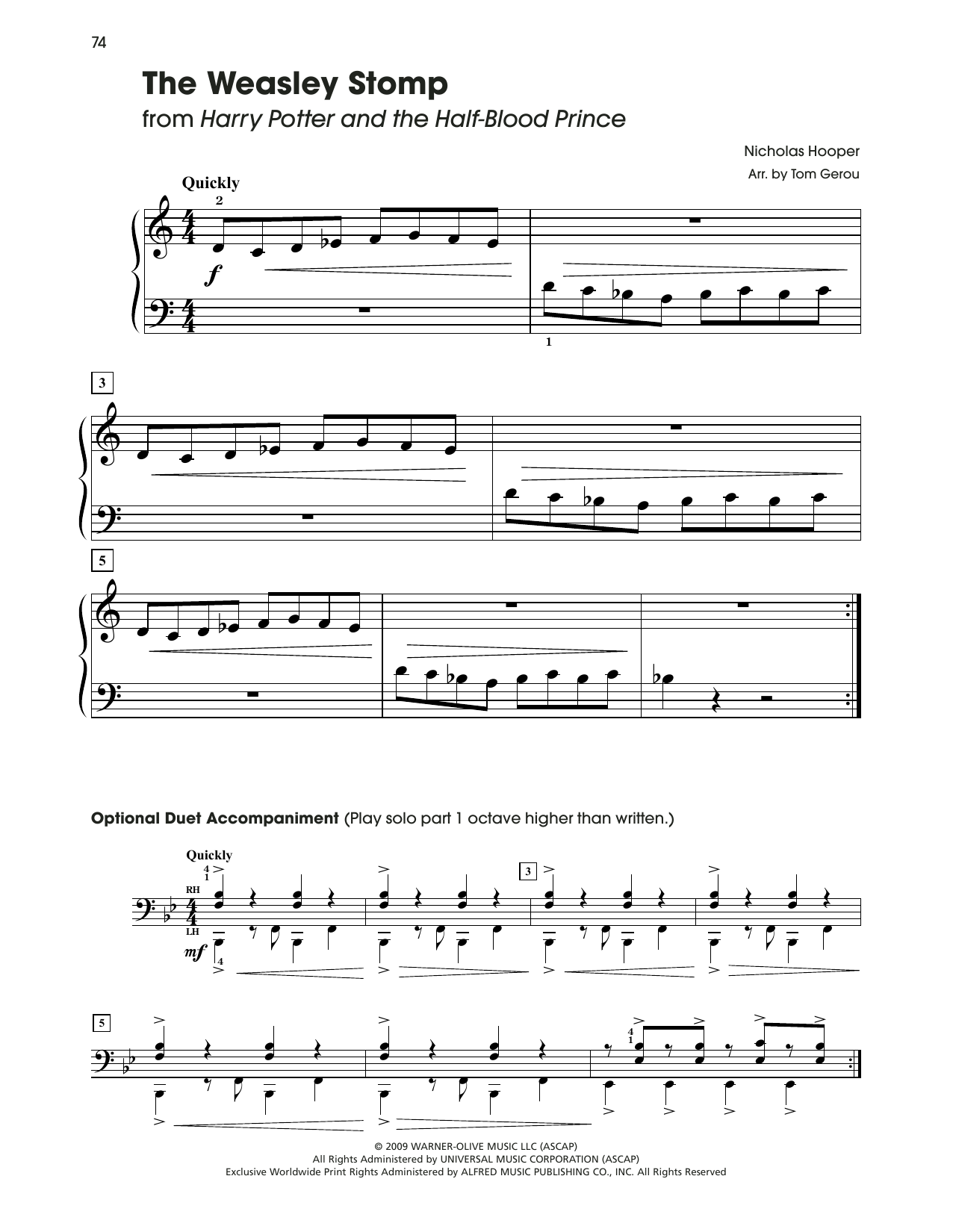 Download Nicholas Hooper The Weasley Stomp (from Harry Potter) (arr. Tom Gerou) Sheet Music and learn how to play 5-Finger Piano PDF digital score in minutes