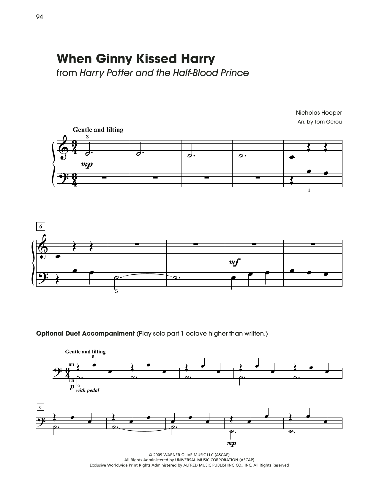 Download Nicholas Hooper When Ginny Kissed Harry (from Harry Potter) (arr. Tom Gerou) Sheet Music and learn how to play 5-Finger Piano PDF digital score in minutes