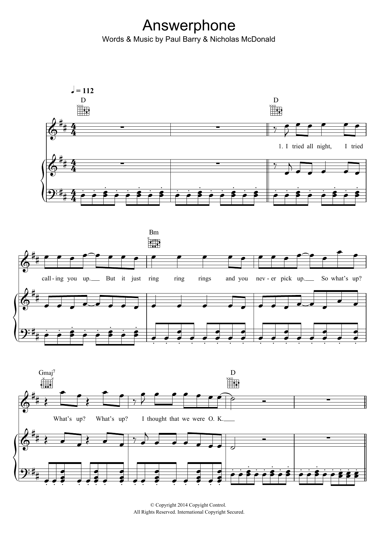 Download Nicholas McDonald Answerphone Sheet Music and learn how to play Piano, Vocal & Guitar (Right-Hand Melody) PDF digital score in minutes
