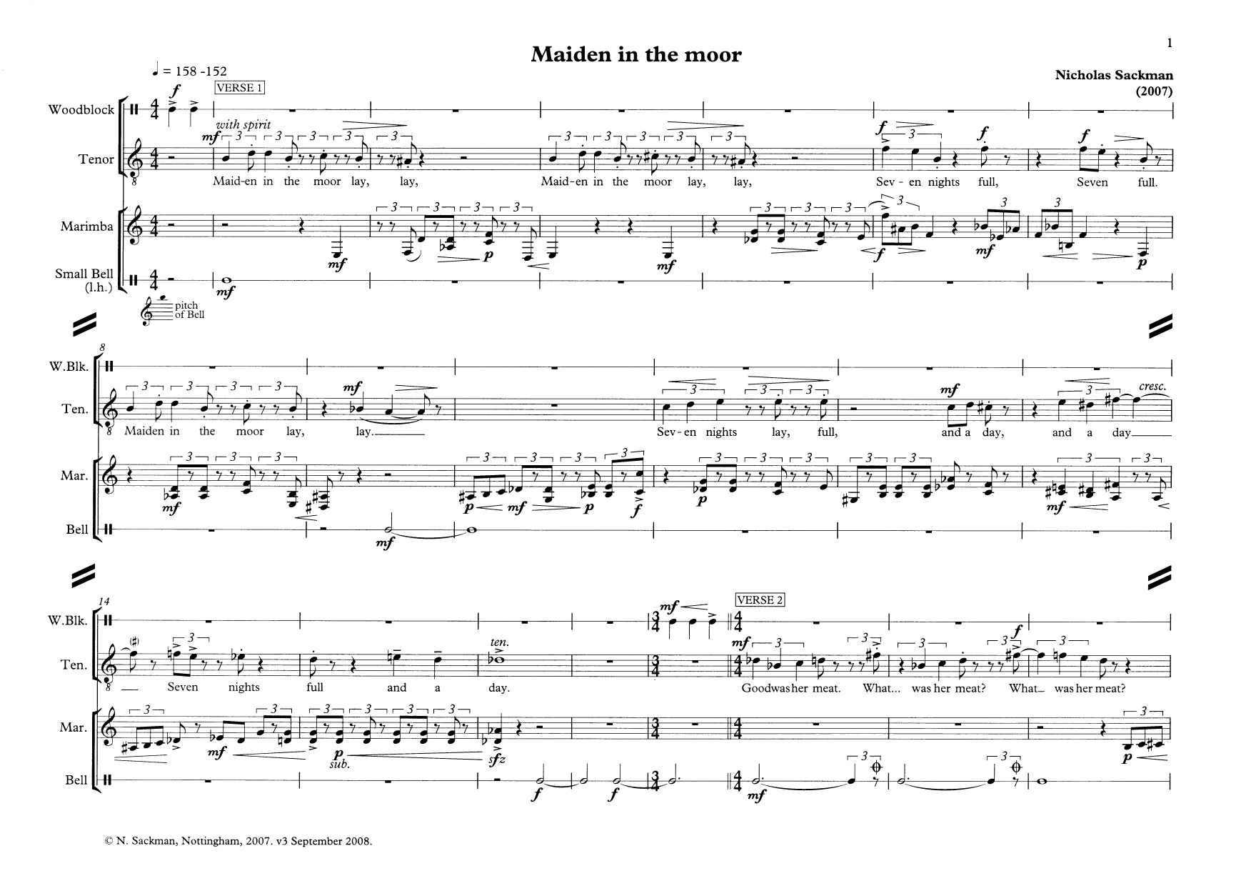 Download Nicholas Sackman Maiden in the moor (for tenor & percussion) Sheet Music and learn how to play Piano & Vocal PDF digital score in minutes