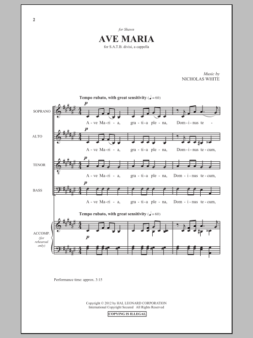 Download Nicholas White Ave Maria Sheet Music and learn how to play SATB PDF digital score in minutes