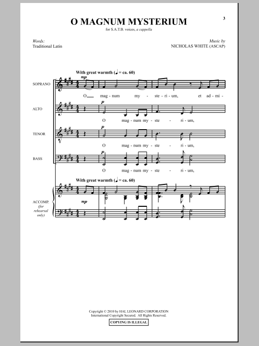 Download Nicholas White O Magnum Mysterium Sheet Music and learn how to play SATB Choir PDF digital score in minutes