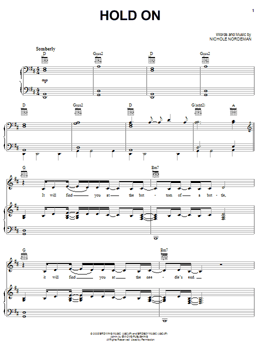 Download Nichole Nordeman Hold On Sheet Music and learn how to play Piano, Vocal & Guitar (Right-Hand Melody) PDF digital score in minutes