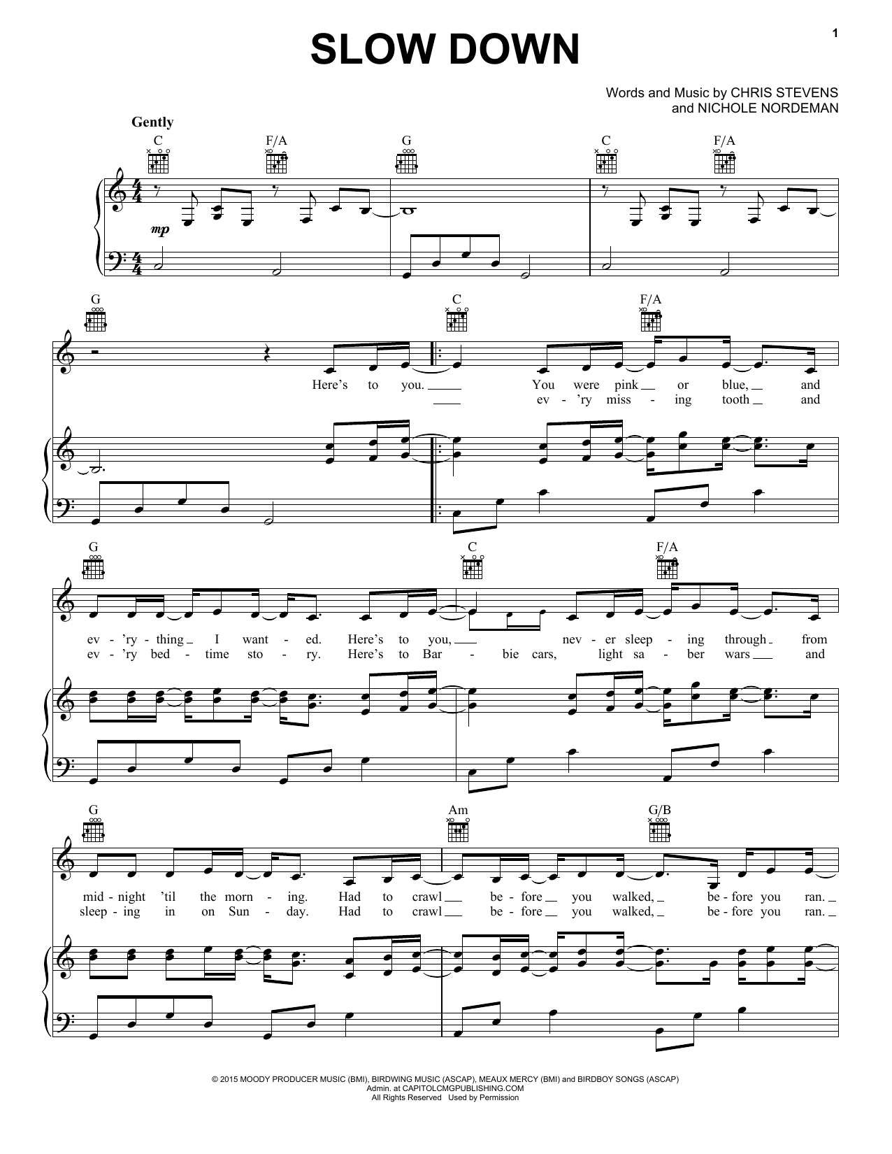 Download Nichole Nordeman Slow Down Sheet Music and learn how to play Piano, Vocal & Guitar (Right-Hand Melody) PDF digital score in minutes