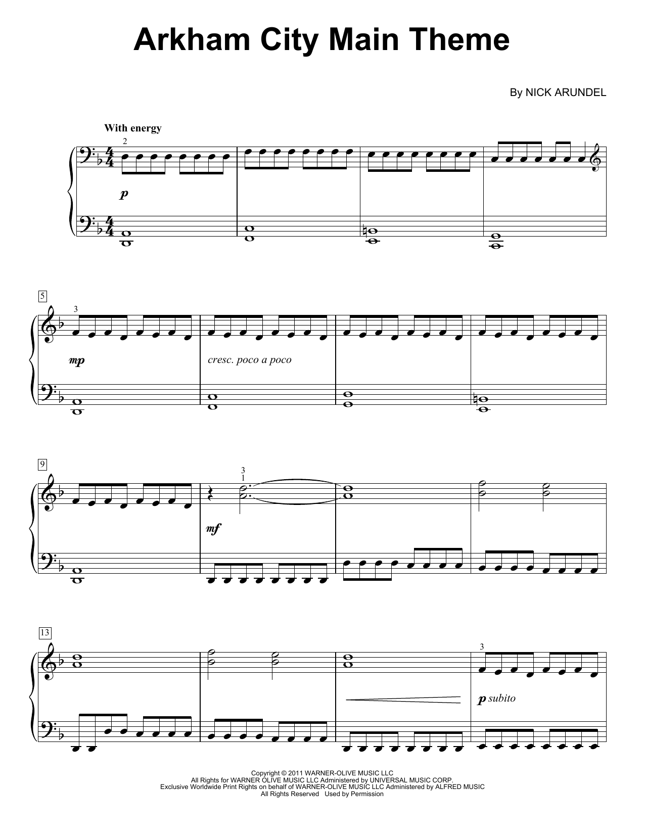 Download Nick Arundel Arkham City (Main Theme) (from Batman: Arkham City) Sheet Music and learn how to play Easy Piano Solo PDF digital score in minutes