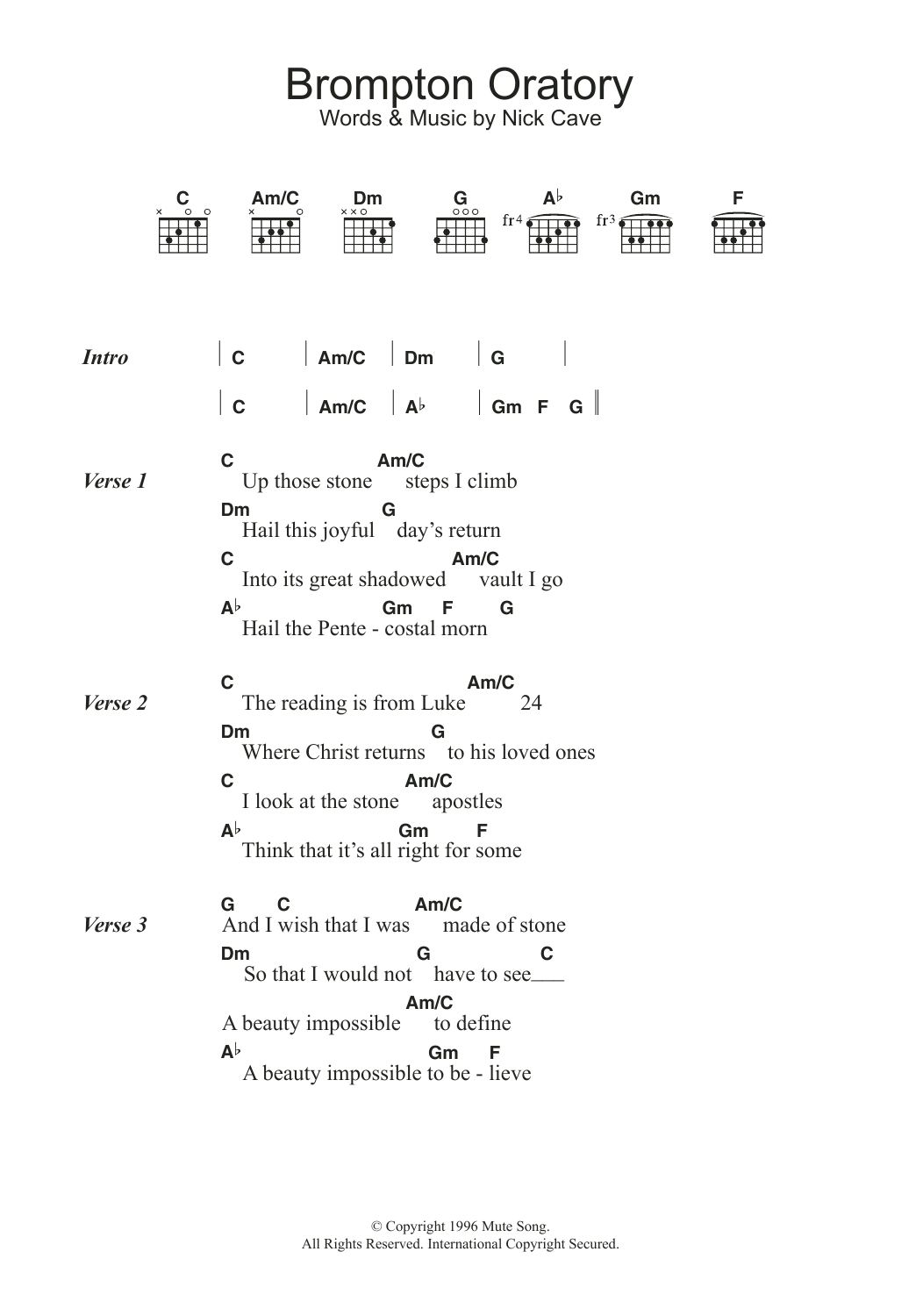 Download Nick Cave & The Bad Seeds Brompton Oratory Sheet Music and learn how to play Guitar Chords/Lyrics PDF digital score in minutes