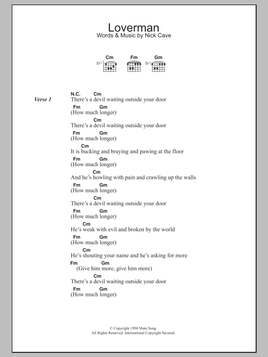 Download Nick Cave & The Bad Seeds Loverman Sheet Music and learn how to play Lyrics & Chords PDF digital score in minutes