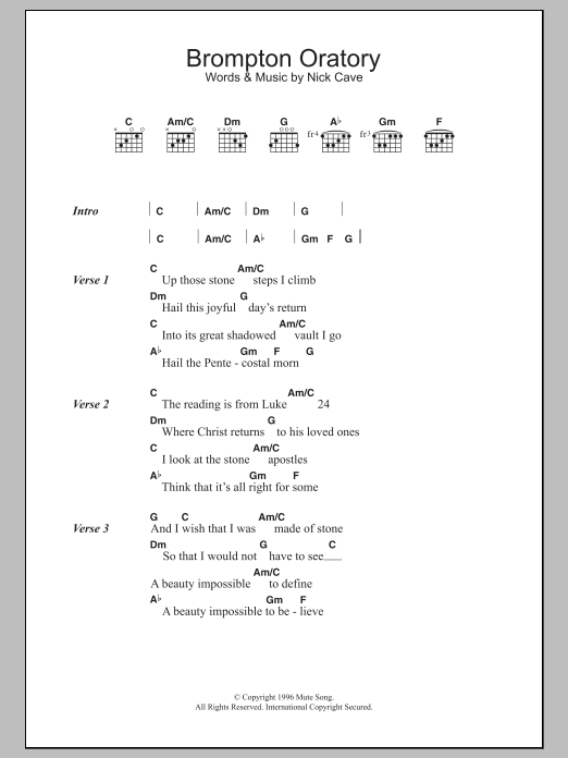 Download Nick Cave & The Bad Seeds Brompton Oratory Sheet Music and learn how to play Lyrics & Chords PDF digital score in minutes