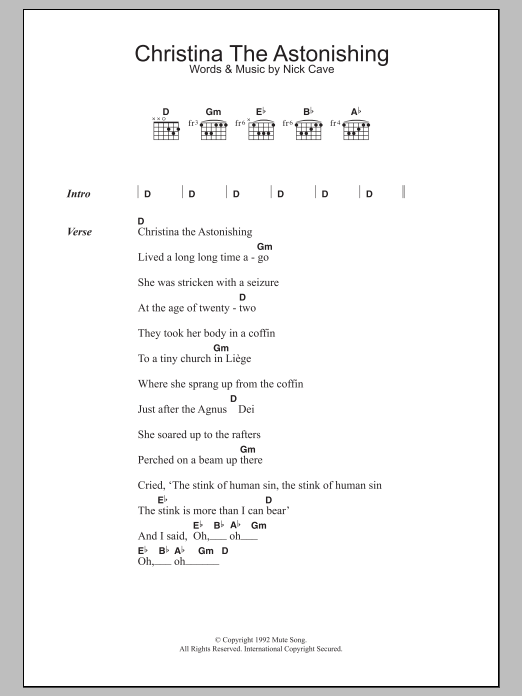 Download Nick Cave Christina The Astonishing Sheet Music and learn how to play Lyrics & Chords PDF digital score in minutes