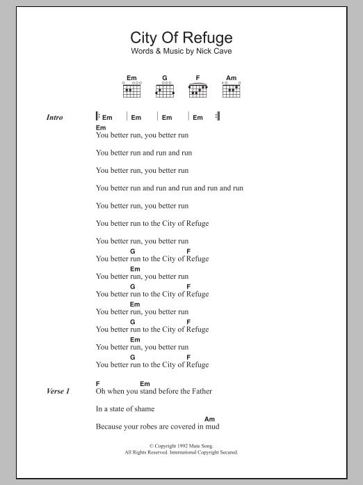 Download Nick Cave City Of Refuge Sheet Music and learn how to play Lyrics & Chords PDF digital score in minutes