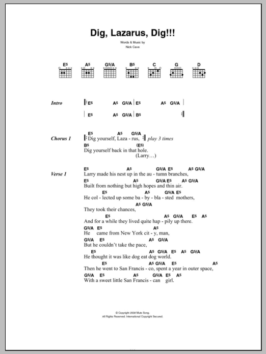 Download Nick Cave Dig, Lazarus, Dig!!! Sheet Music and learn how to play Lyrics & Chords PDF digital score in minutes