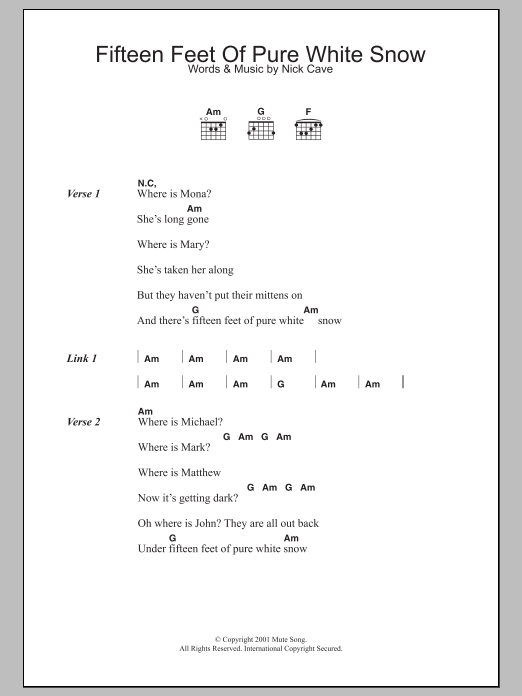 Download Nick Cave Fifteen Feet Of Pure White Snow Sheet Music and learn how to play Lyrics & Chords PDF digital score in minutes