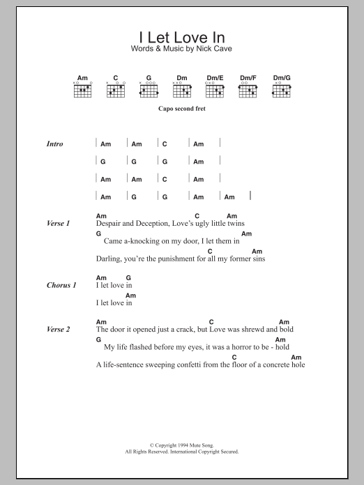 Download Nick Cave I Let Love In Sheet Music and learn how to play Lyrics & Chords PDF digital score in minutes