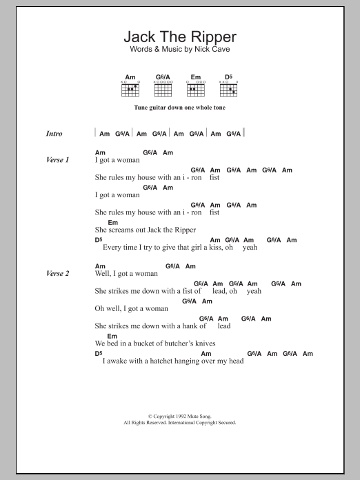 Download Nick Cave Jack The Ripper Sheet Music and learn how to play Lyrics & Chords PDF digital score in minutes