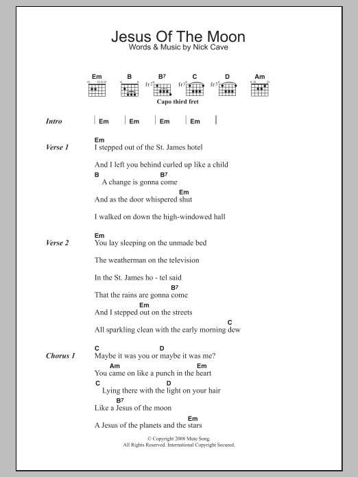 Download Nick Cave Jesus Of The Moon Sheet Music and learn how to play Lyrics & Chords PDF digital score in minutes