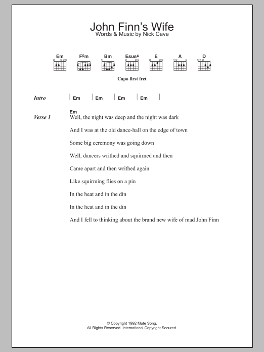 Download Nick Cave John Finn's Wife Sheet Music and learn how to play Lyrics & Chords PDF digital score in minutes