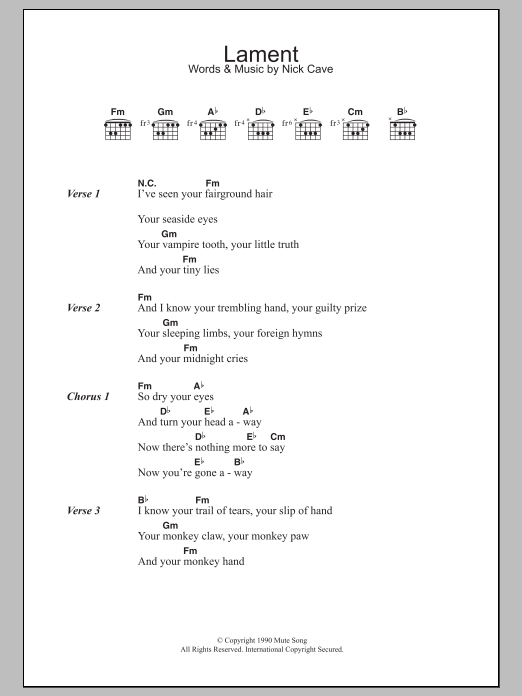 Download Nick Cave Lament Sheet Music and learn how to play Lyrics & Chords PDF digital score in minutes