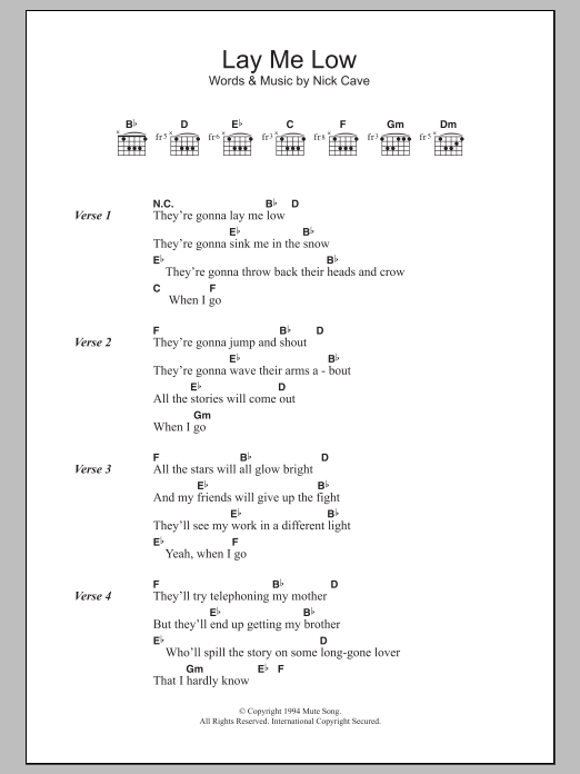 Download Nick Cave Lay Me Low Sheet Music and learn how to play Lyrics & Chords PDF digital score in minutes