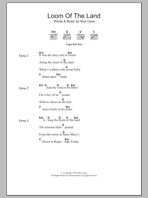 Download Nick Cave Loom Of The Land Sheet Music and learn how to play Lyrics & Chords PDF digital score in minutes