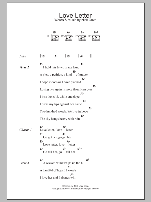 Download Nick Cave Love Letter Sheet Music and learn how to play Lyrics & Chords PDF digital score in minutes