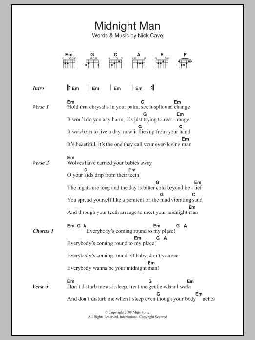Download Nick Cave Midnight Man Sheet Music and learn how to play Lyrics & Chords PDF digital score in minutes