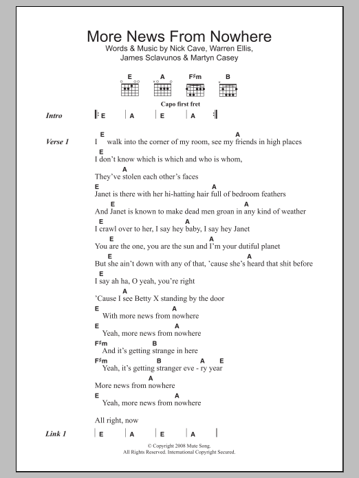 Download Nick Cave More News From Nowhere Sheet Music and learn how to play Lyrics & Chords PDF digital score in minutes