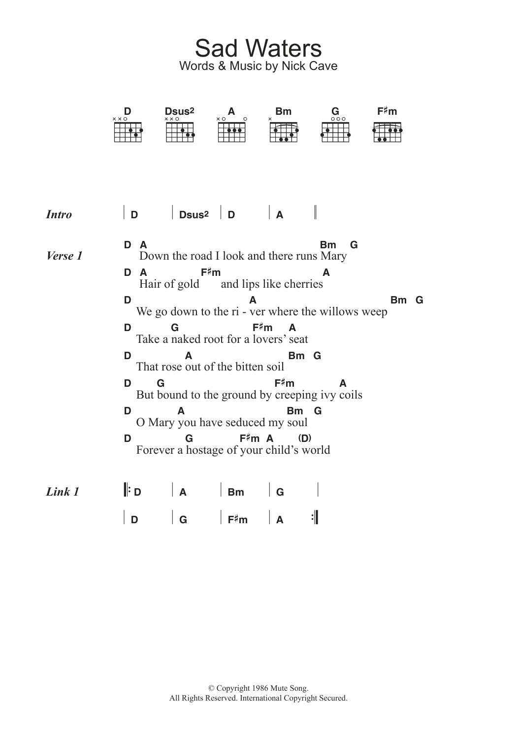 Download Nick Cave Sad Waters Sheet Music and learn how to play Lyrics & Chords PDF digital score in minutes