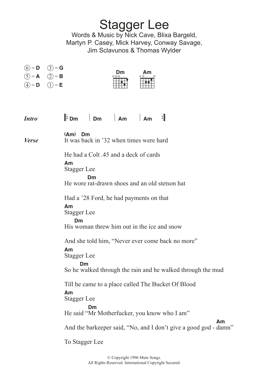 Download Nick Cave Stagger Lee Sheet Music and learn how to play Lyrics & Chords PDF digital score in minutes