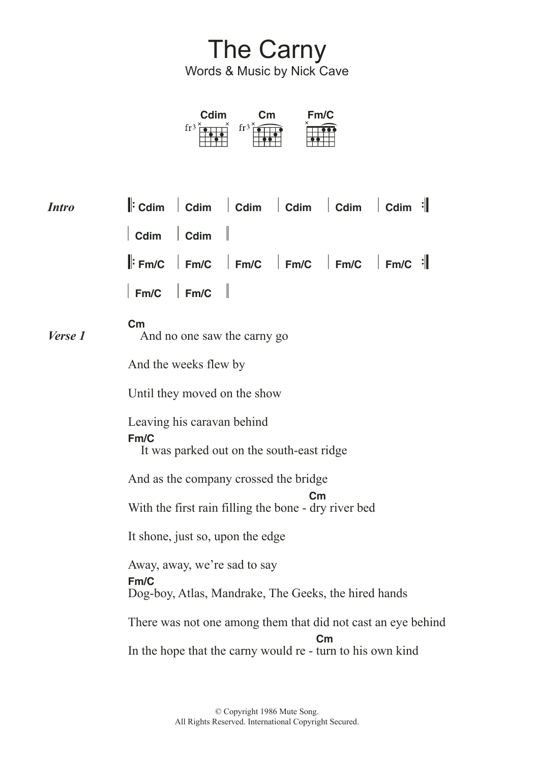 Download Nick Cave The Carny Sheet Music and learn how to play Lyrics & Chords PDF digital score in minutes