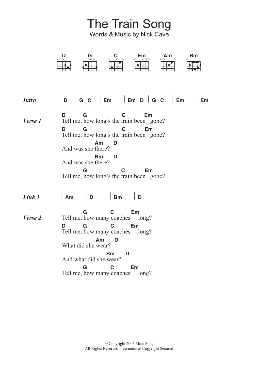 Download Nick Cave The Train Song Sheet Music and learn how to play Lyrics & Chords PDF digital score in minutes