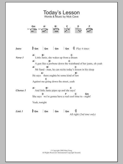 Download Nick Cave Today's Lesson Sheet Music and learn how to play Lyrics & Chords PDF digital score in minutes