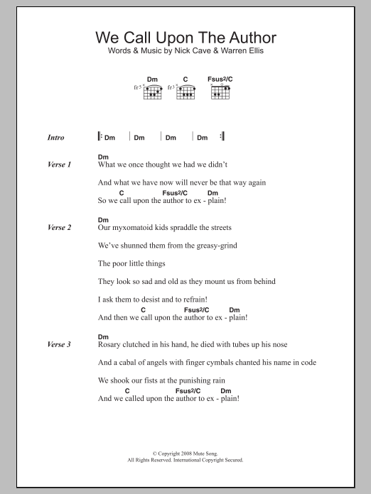 Download Nick Cave We Call Upon The Author Sheet Music and learn how to play Lyrics & Chords PDF digital score in minutes