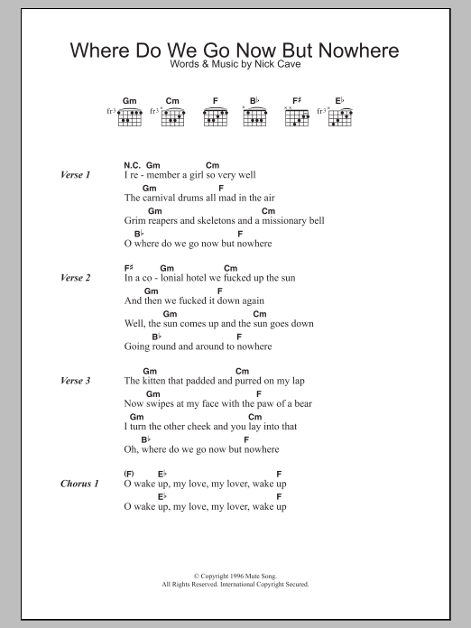 Download Nick Cave & The Bad Seeds Where Do We Go Now But Nowhere Sheet Music and learn how to play Lyrics & Chords PDF digital score in minutes