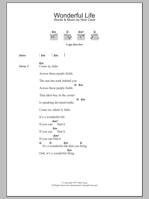 Download Nick Cave Wonderful Life Sheet Music and learn how to play Lyrics & Chords PDF digital score in minutes