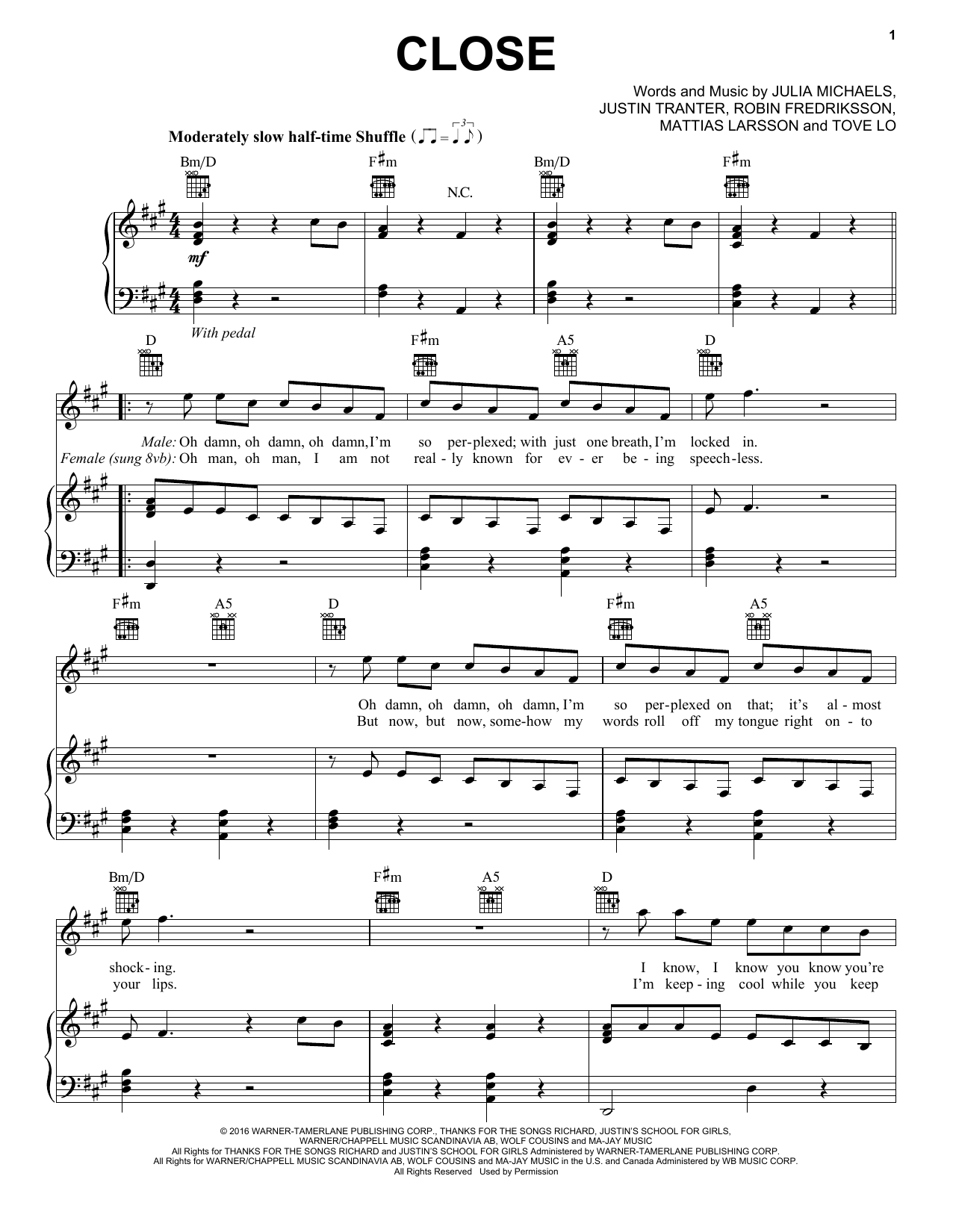 Download Nick Jonas Close (feat. Tove Lo) Sheet Music and learn how to play Piano, Vocal & Guitar (Right-Hand Melody) PDF digital score in minutes