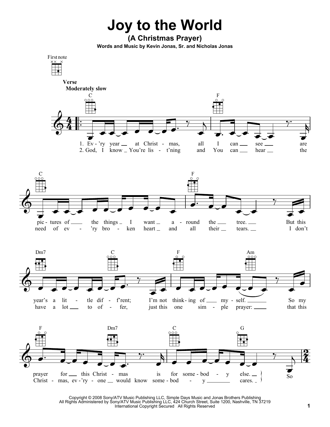 Download Nick Jonas Joy To The World (A Christmas Prayer) Sheet Music and learn how to play Ukulele PDF digital score in minutes