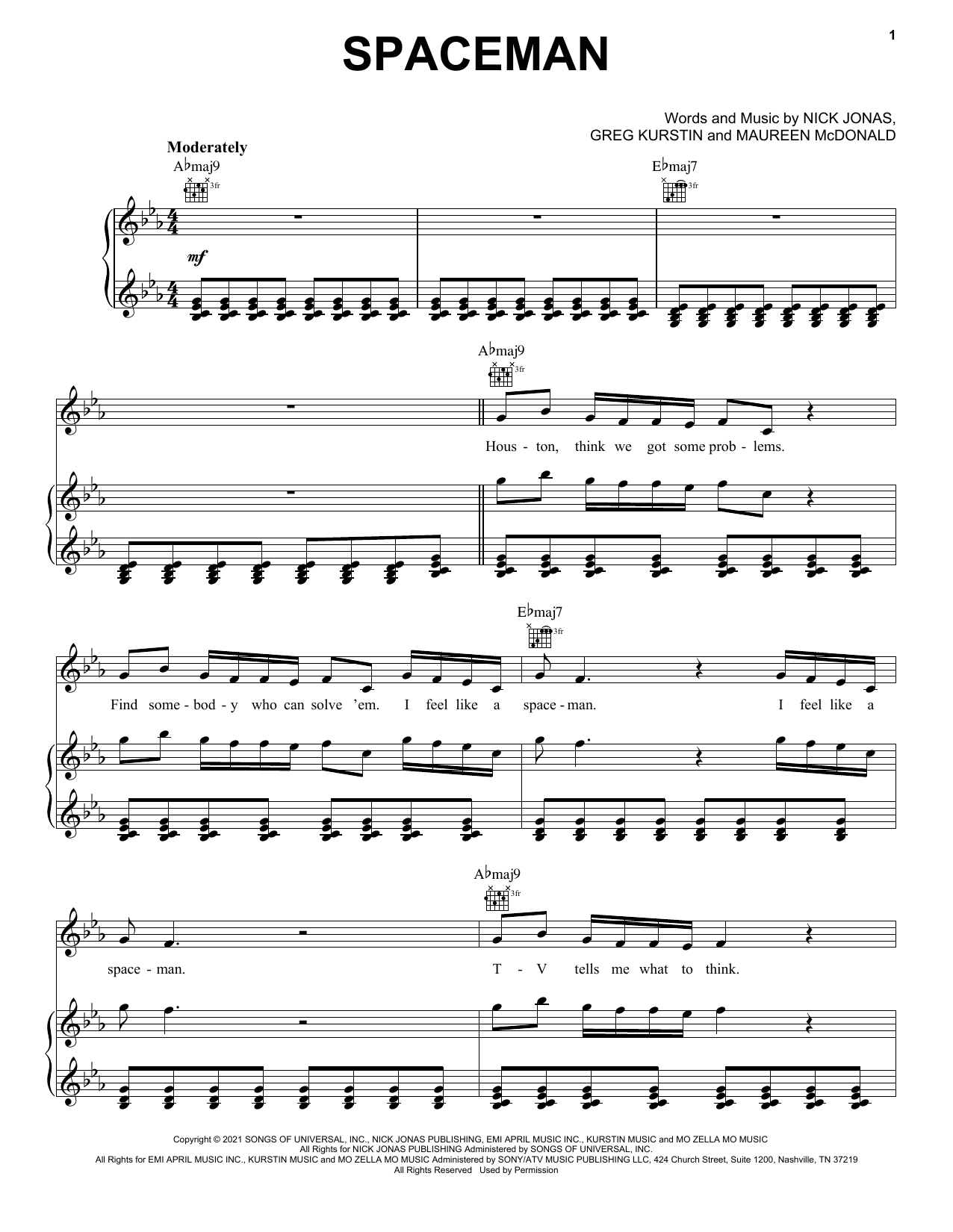 Download Nick Jonas Spaceman Sheet Music and learn how to play Piano, Vocal & Guitar Chords (Right-Hand Melody) PDF digital score in minutes