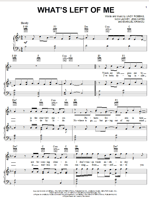 Download Nick Lachey What's Left Of Me Sheet Music and learn how to play Piano, Vocal & Guitar (Right-Hand Melody) PDF digital score in minutes