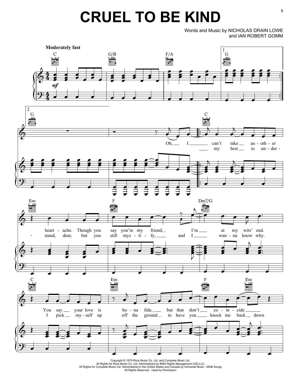 Download Nick Lowe Cruel To Be Kind Sheet Music and learn how to play Lyrics & Chords PDF digital score in minutes