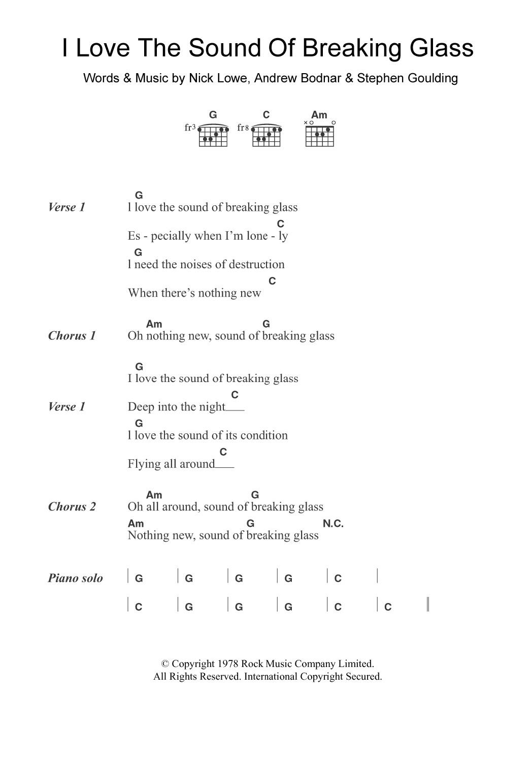 Download Nick Lowe I Love The Sound Of Breaking Glass Sheet Music and learn how to play Lyrics & Chords PDF digital score in minutes