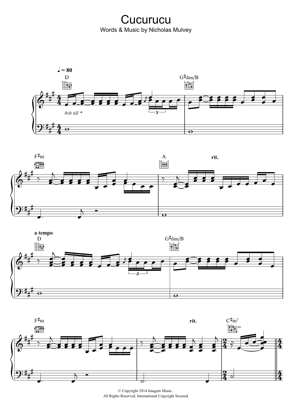 Download Nick Mulvey Cucurucu Sheet Music and learn how to play Piano, Vocal & Guitar PDF digital score in minutes