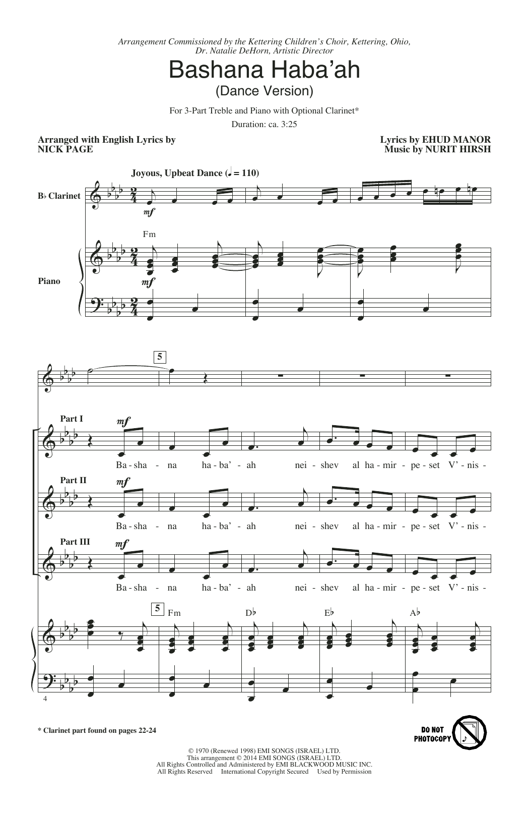 Download Nurit Hirsh Bashana Haba 'Ah (arr. Nick Page) Sheet Music and learn how to play 3-Part Treble PDF digital score in minutes